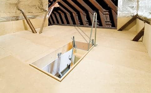 Attic access hatch with folding ladder and loft flooring