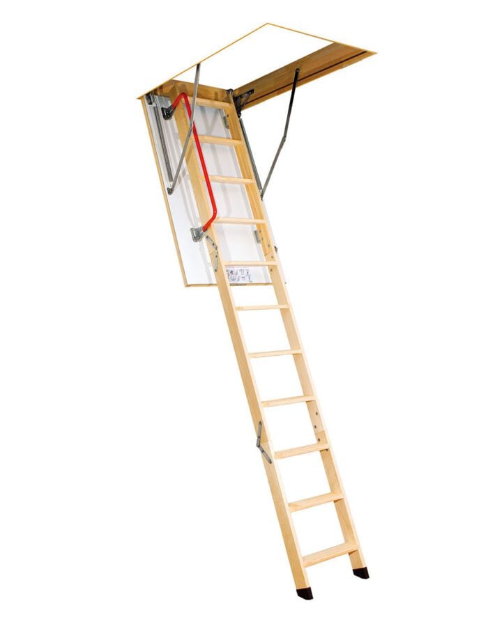 Performance Nordic timber attic ladder extended with red safety grip