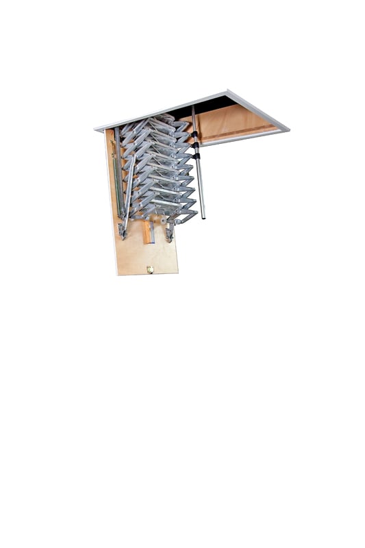 Columbus concertina attic ladder extended from timber hatch lid
