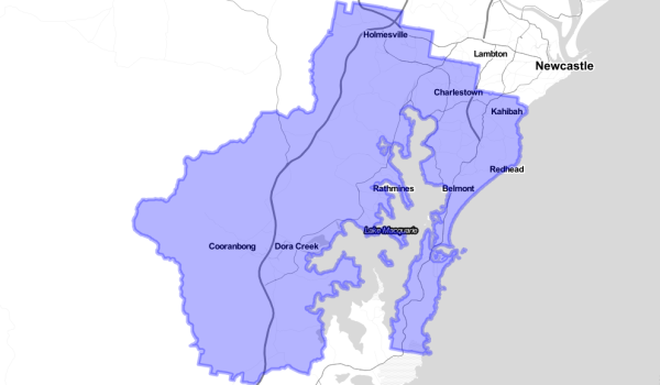 Lake Macquarie NSW service area map outlining coverage across Charlestown, Belmont, Redhead, Rathmines, and Morisset.