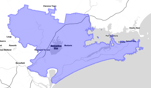 Map showing Port Stephens NSW service coverage, including Raymond Terrace, Medowie, Corlette, and Nelson Bay.