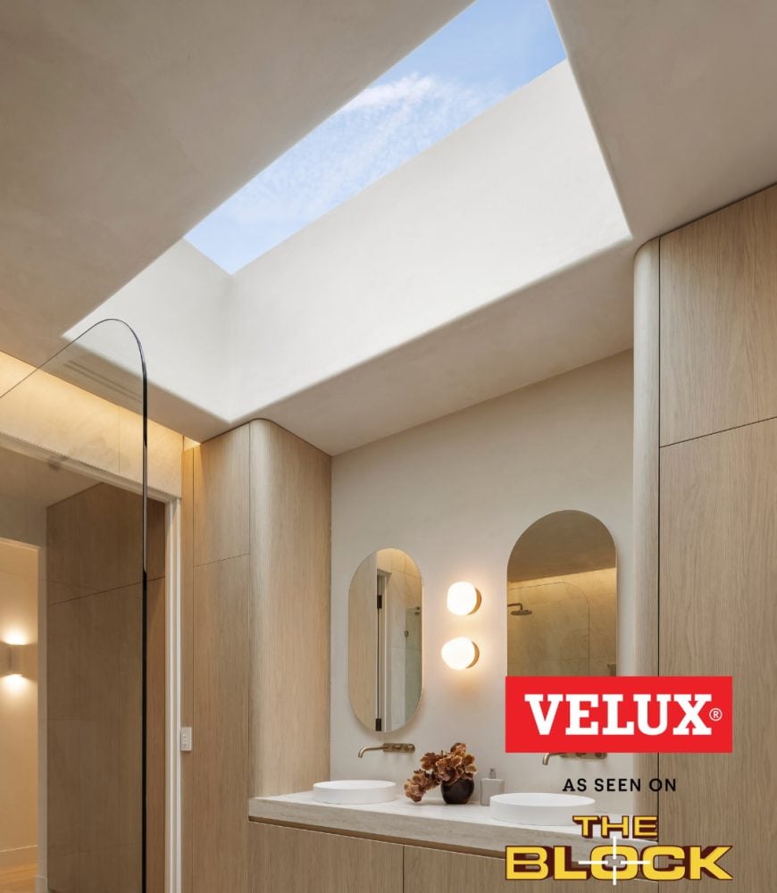 VELUX skylight above the double vanity in Courtney & Sev's Main Bathroom, The Block 2026, House 4