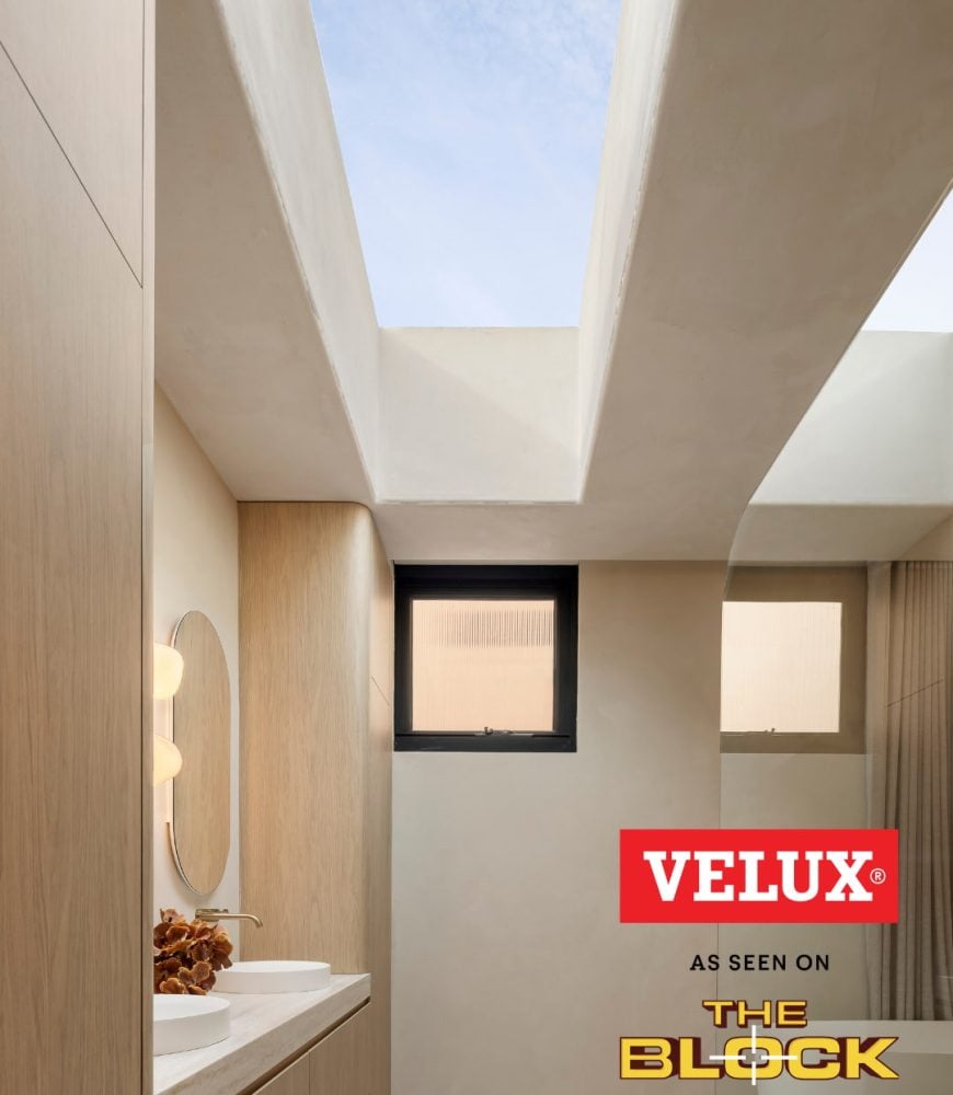 VELUX skylight lighting the raked ceiling in Courtney & Sev's Main Bathroom, The Block 2026, House 4