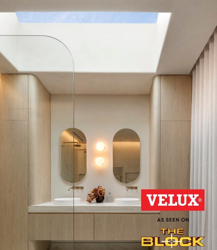 VELUX skylight above the walk-in shower, framing the vanity beyond in Courtney & Sev's Main Bathroom, The Block 2026, House 4