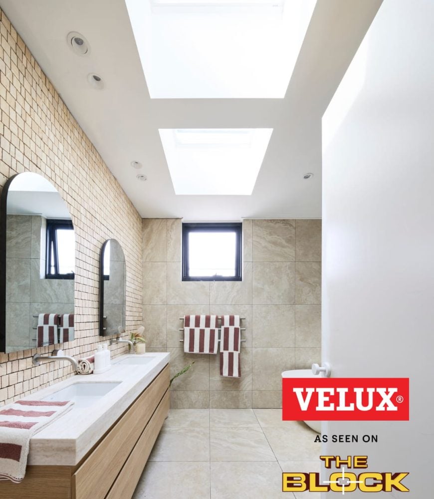 VELUX skylights above the vanity in Rick & Tayla's Main Bathroom, The Block 2026, House 5