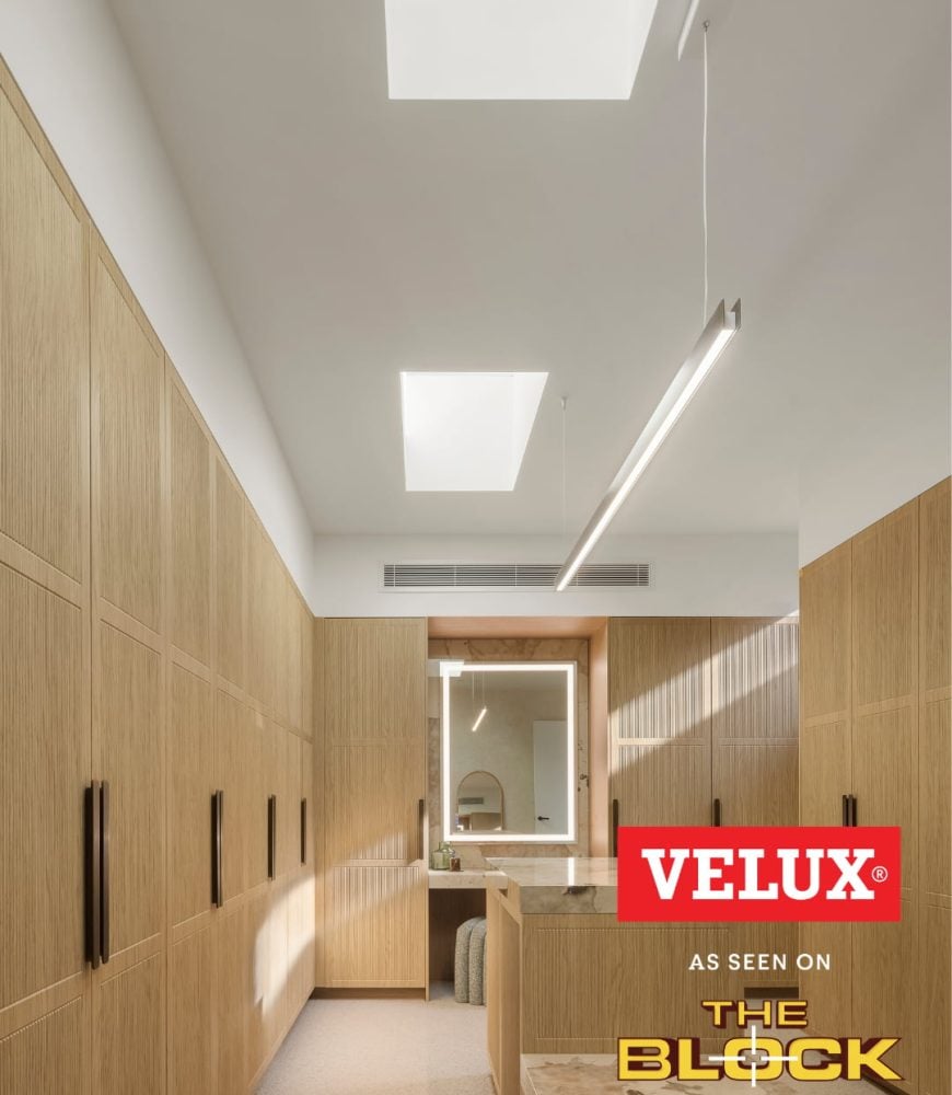 Two VELUX skylights lighting the full length of Adam & Jolene's Walk-In Robe, The Block 2026, House 1