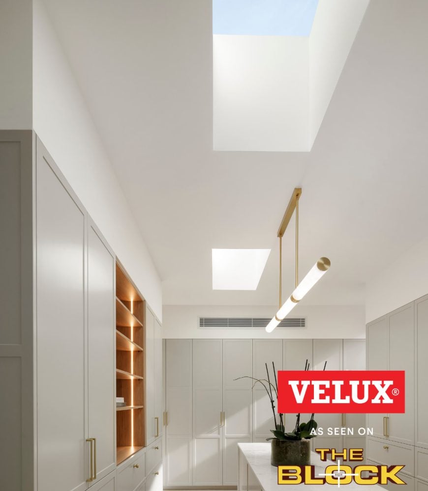 VELUX skylights above the shelving nook in Chantel & Wyatt's Walk-In Robe, The Block 2026, House 2