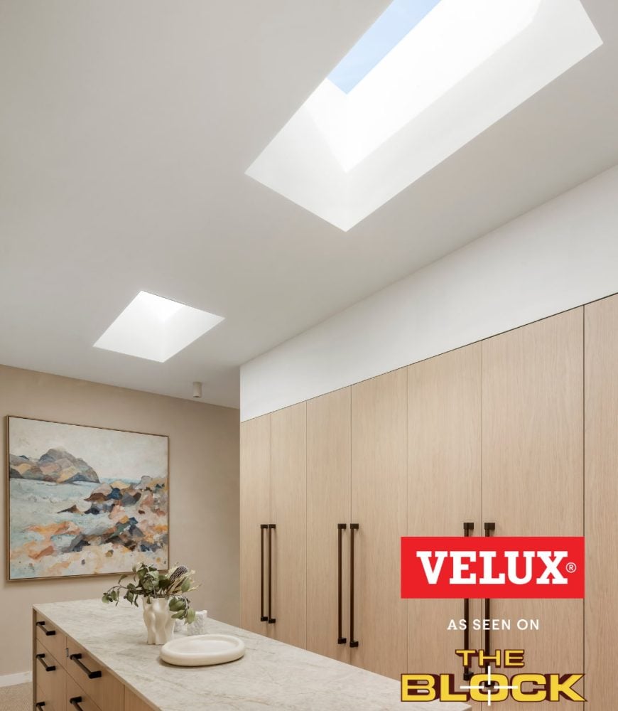 VELUX skylight above the artwork wall in Lisa & Rosco's Walk-In Robe, The Block 2026, House 3