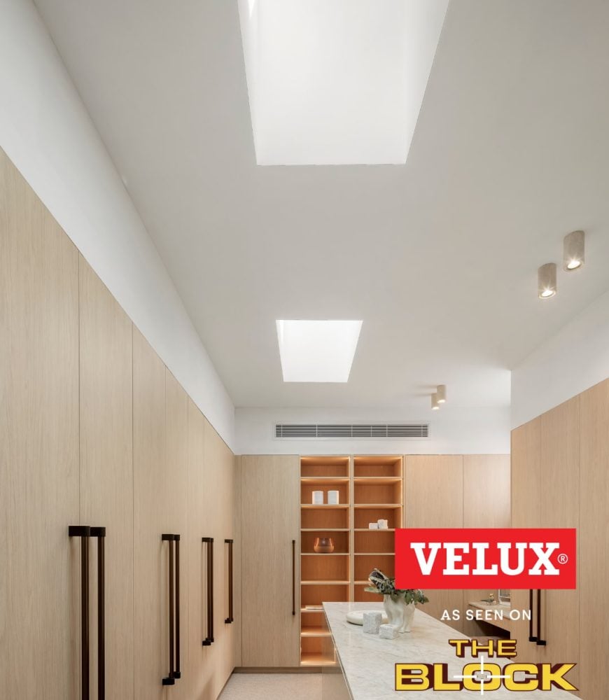 Two VELUX skylights lighting the full length of Lisa & Rosco's Walk-In Robe, The Block 2026, House 3