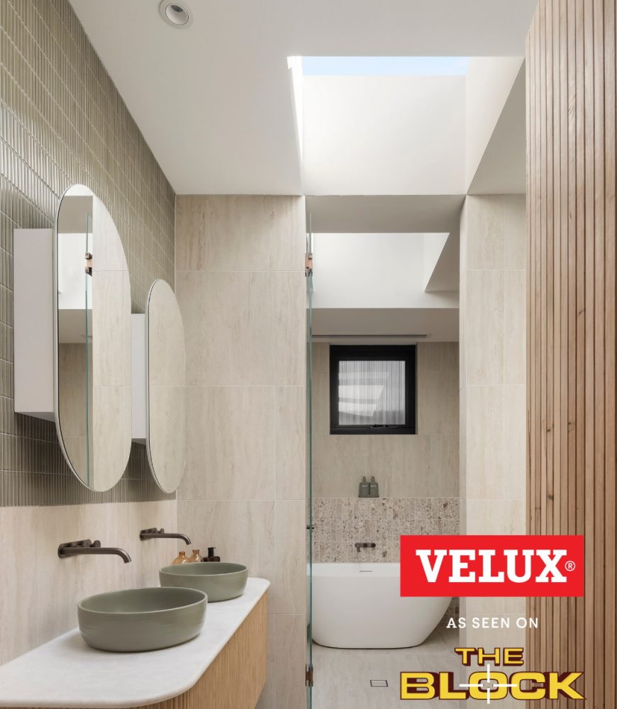 Welcome to Skydome Hunter Coast - Adam and Jolene's Block 2026 ensuite featuring a VELUX skylight above a freestanding bath and dual green vessel basins