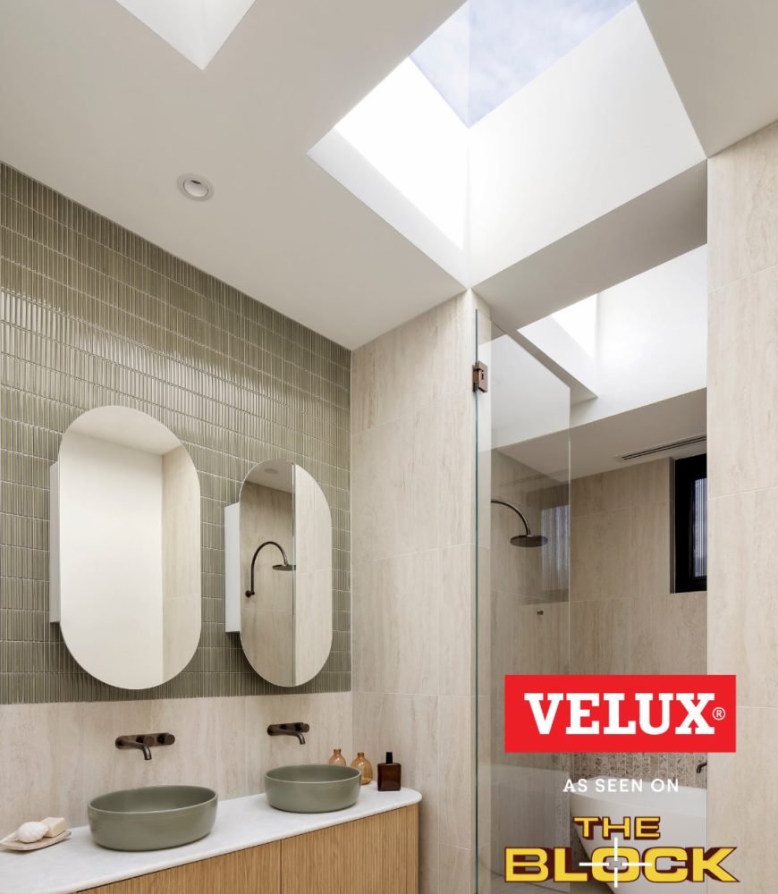 Welcome to Skydome Hunter Coast - Adam and Jolene's Block 2026 ensuite shower with twin VELUX skylights above and sage green tiling