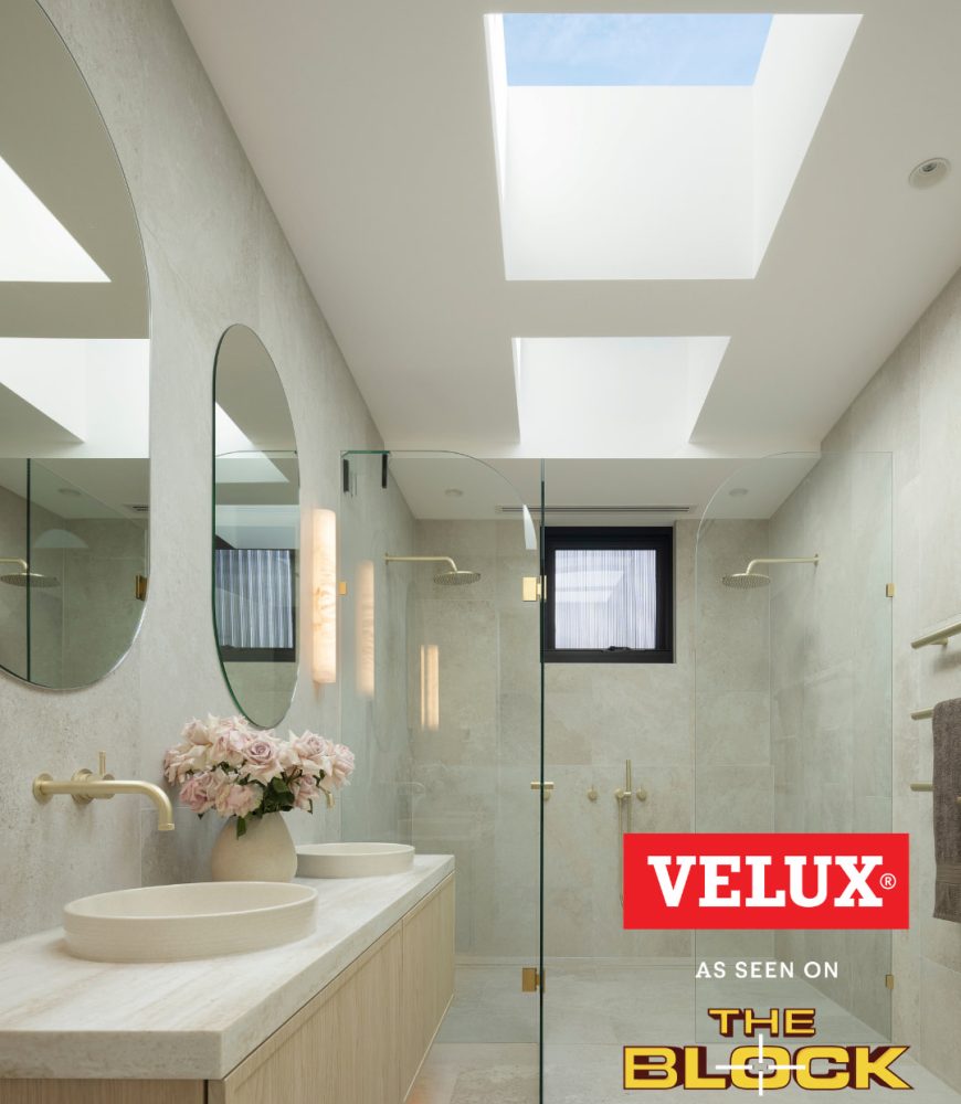Welcome to Skydome Hunter Coast - Chantel and Wyatt's Block 2026 ensuite with two VELUX skylights above a travertine-tiled shower
