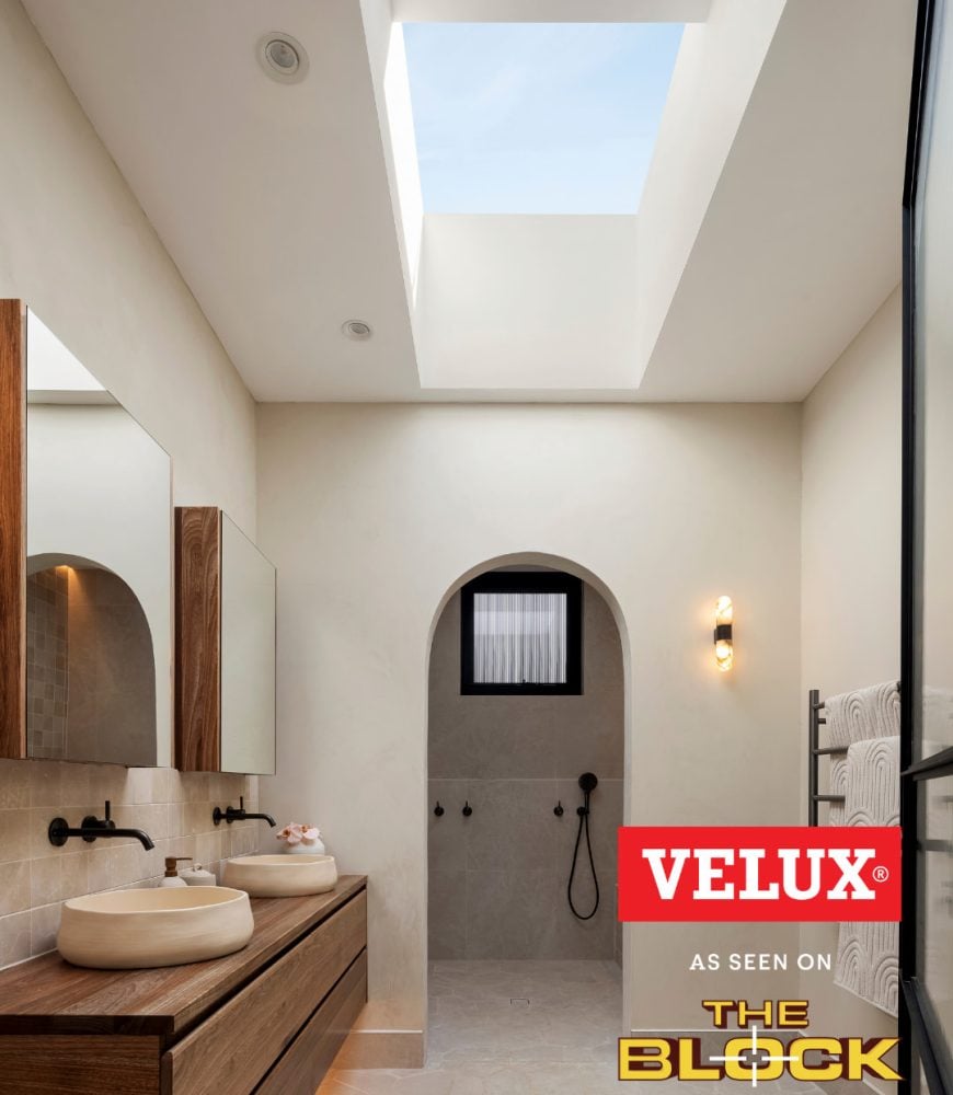 Welcome to Skydome Hunter Coast - Lisa and Rosco's Block 2026 ensuite with a VELUX skylight above an arched shower entry