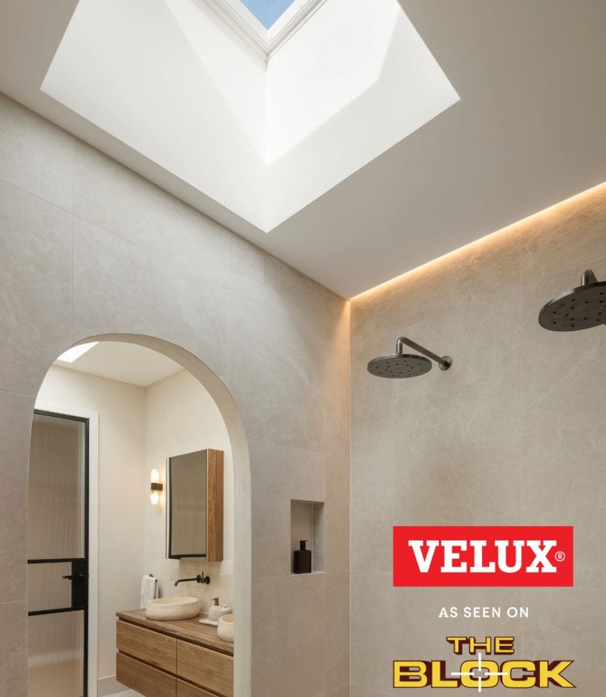 Welcome to Skydome Hunter Coast - VELUX skylight above the walk-in shower in Lisa and Rosco's Block 2026 ensuite