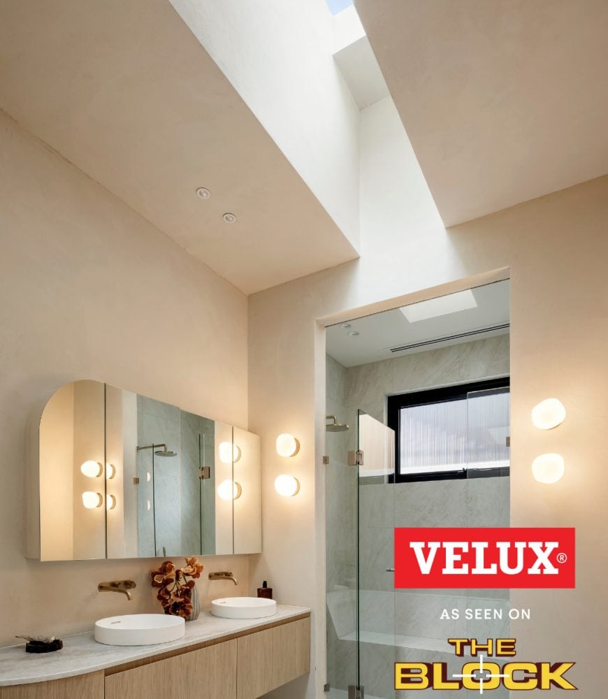 Welcome to Skydome Hunter Coast - Courtney and Sev's Block 2026 ensuite vanity with a VELUX skylight visible through the shower doorway