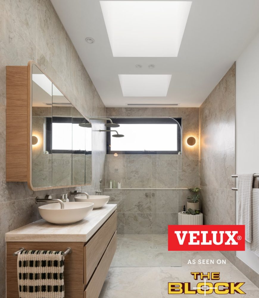 Welcome to Skydome Hunter Coast - Rick and Tayla's winning Block 2026 ensuite with twin VELUX skylights above a double shower