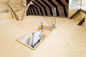 Attic access hatch with folding ladder and loft flooring